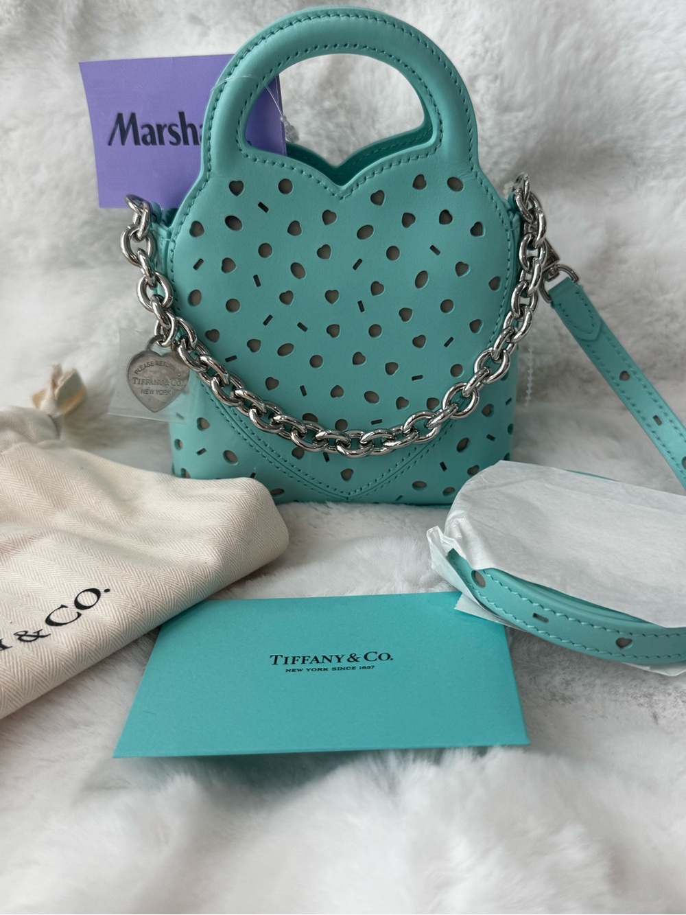 NWT Tiffany & Co. Heart Shaped Perforated Handbag crossbody tote with chain
